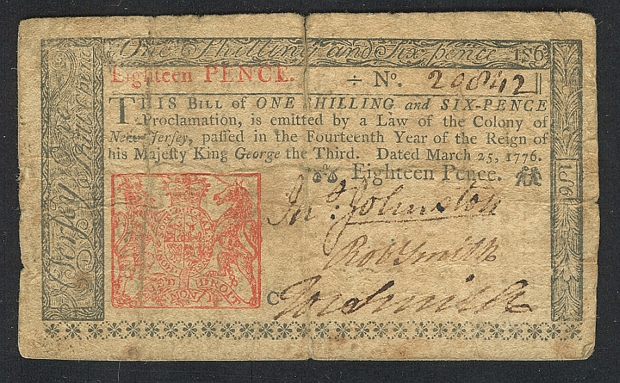 New Jersey Colonial Note, March 25, 1776 18 Pence, VF-Tear